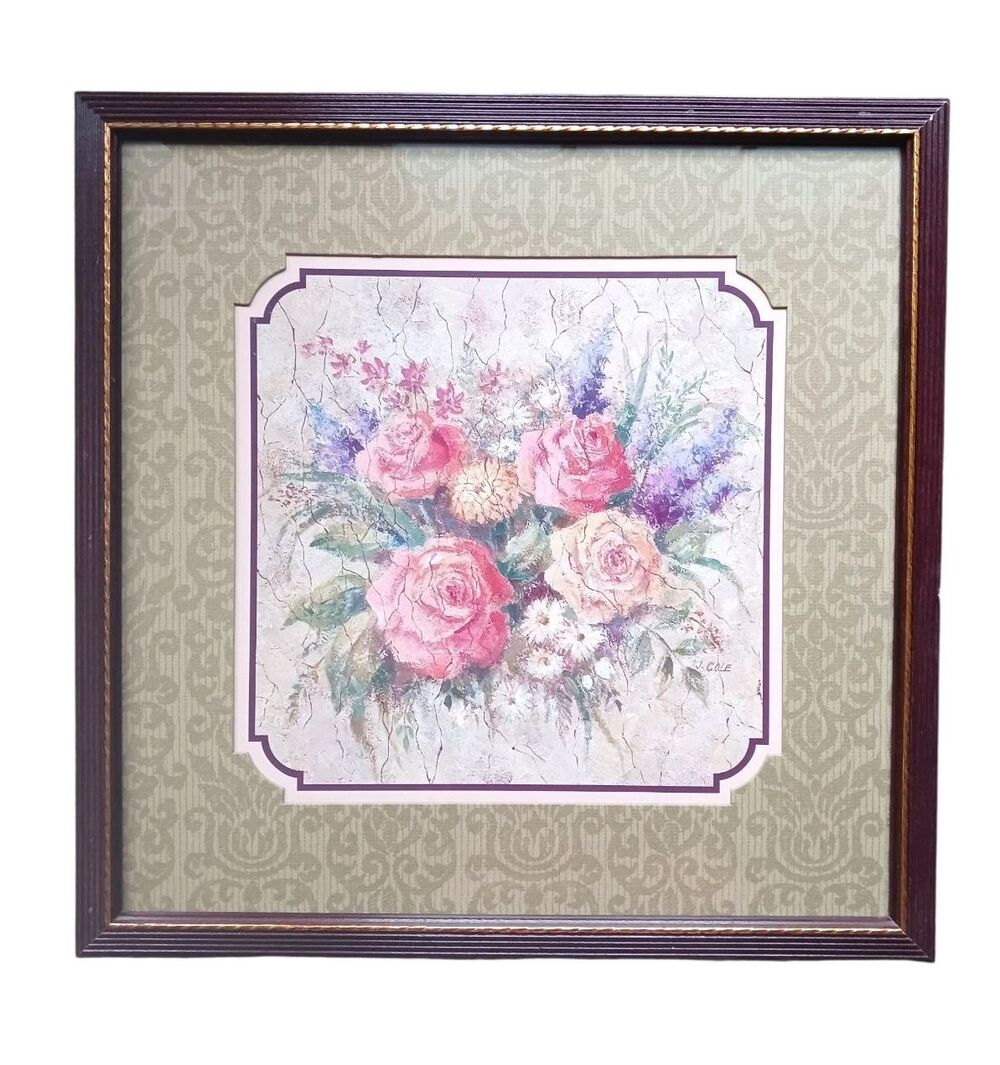 Vtg Home Interiors Art Print Pink Roses Floral Bouquet Sage Mat Wood Framed EUC